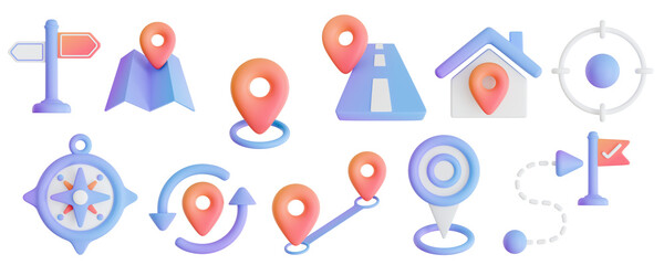 3D navigation icon set featuring GPS pins, maps, compass, and route tracking for travel apps.
