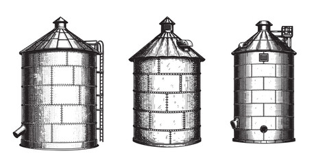 Grain silo engraving illustration for agricultural industry branding © Gabut Stock