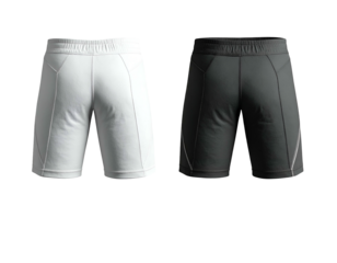 Two athletic shorts, white and grey, viewed from back