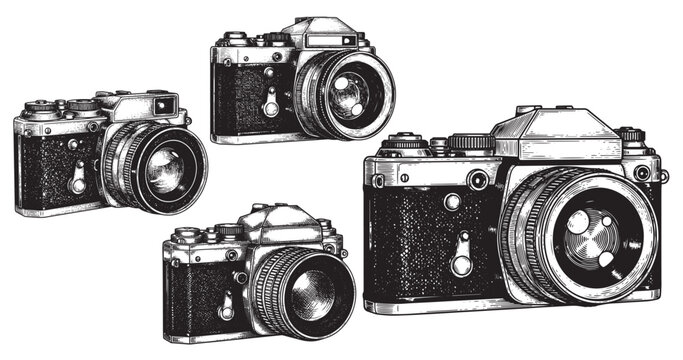 Vintage camera engraving illustration for photography branding