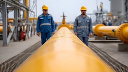 Obraz premium Two industrial workers in protective gear walk past large yellow gas pipelines