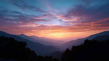 A majestic mountain valley bathed in the warm vibrant colors of a serene sunrise or sunset with dramatic clouds painting the sky