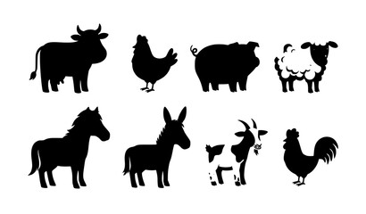 Fototapeta premium Cute cartoon farm animals vector set with happy cow, pig, chicken, sheep, horse, and goat illustrations