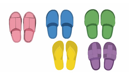Fototapeta premium Minimalist flat vector illustration of cozy slippers, flip-flops, and indoor soft shoes for home
