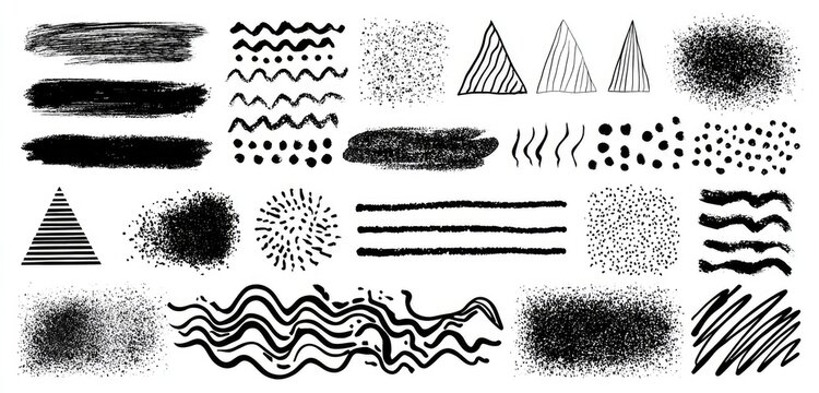 A collection of black textures and patterns, including lines, dots, sprays, and geometric shapes
