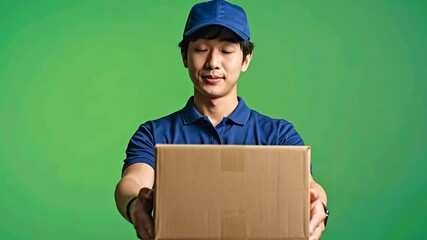 Smiling young delivery man in blue uniform holding cardboard box against green background.