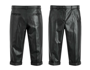 Black faux leather cropped trousers with cuffed hems