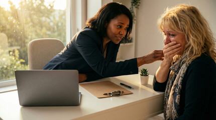 Woman comforted by therapist during a session, demonstrating emotional support and mental health care in a professional office setting