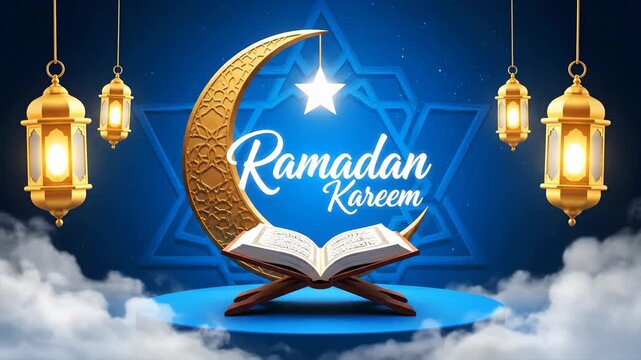 Ramadan Kareem Golden Moon Star Quran Blue Background Islamic Holy Month