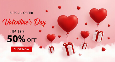 Gift boxes with heart balloon floating it the sky, Happy Valentine's Day banners, paper art style