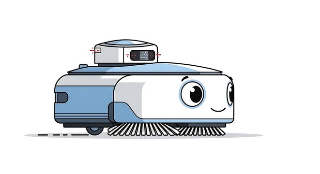 Cartoon robot cleaning machine with smile.