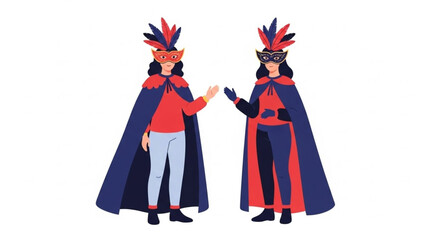 Two women in vibrant masquerade costumes with feathered masks and flowing capes