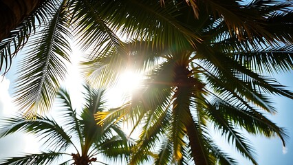 Obraz premium Palm trees towering against a bright sky, sunlight gently filtering through their lush green leaves.