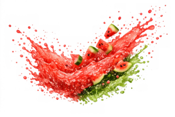 Watermelon pieces splashing into red juice with green liquid, presenting fresh fruit cocktail explosion on transparent background
