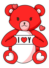 Obraz premium Adorable teddy bear holding love sign, perfect for Valentine’s Day romantic illustration.