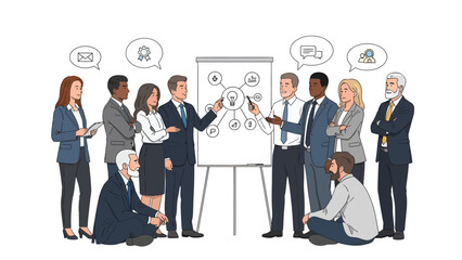 Diverse team of professional business people brainstorming creative ideas on a whiteboard during a collaborative meeting in a modern office with speech bubbles.