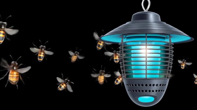 Swarm of Bees Attracted to an Electric Bug Zapper Lamp at Night.