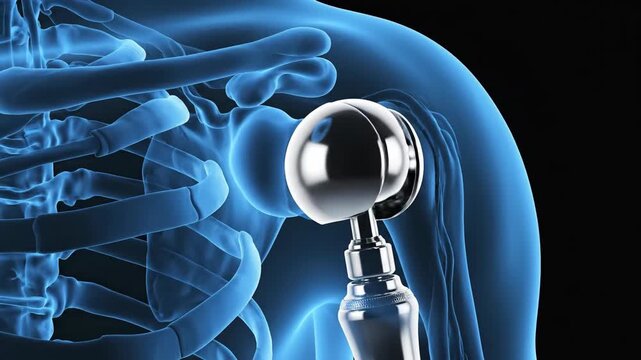 Medical illustration of a shoulder joint replacement in human anatomy