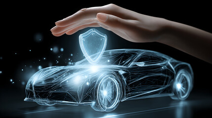 Digital Projection Of Glowing Security Shield Over Blurred Silhouette Of A Car 