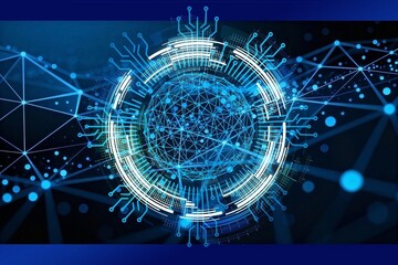 Blue futuristic digital network sphere with abstract circuit board elements creating a global data connection concept on a dark background, representing advanced technology.