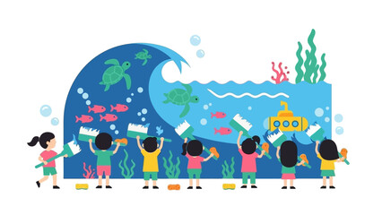 Obraz premium Children Cleaning Ocean Pollution Cartoon Illustration.