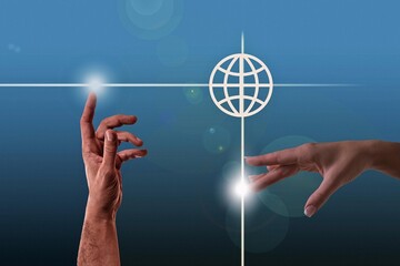 Two diverse hands reaching across a glowing blue digital background towards a white global network icon, symbolizing worldwide connection and technological interaction