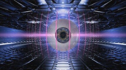 Deep blue and pink futuristic abstract 3D rendered digital eye in a dotted sphere, surrounded by glowing light rays in a complex technological background.