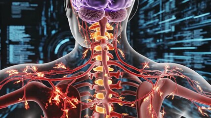 Medical illustration of human anatomy and nervous system with digital overlay - Powered by Adobe