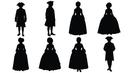 Silhouettes of figures in eighteenth century attire showcasing historical fashion and elegant period costumes