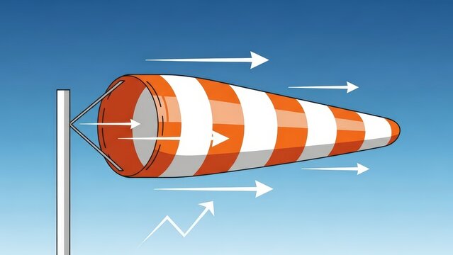 Windsock indicating wind direction and speed with arrows on a clear blue sky background.