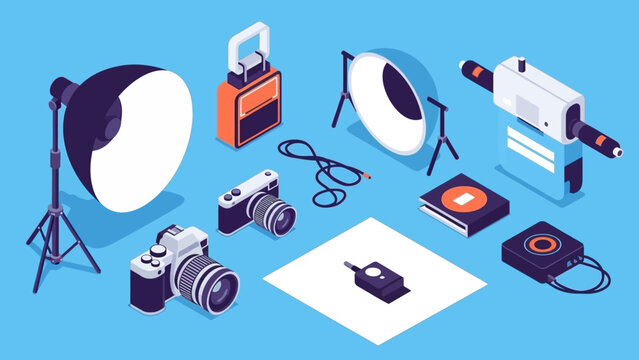 Photography equipment and accessories on a blue background.