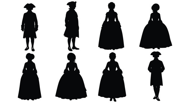 Silhouettes of figures in eighteenth century attire showcasing historical fashion and elegant period costumes