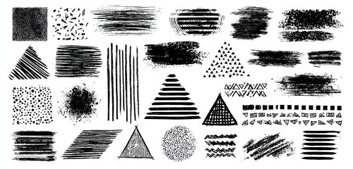 Collection of abstract, textured black brush strokes, shapes, and patterns on a white background