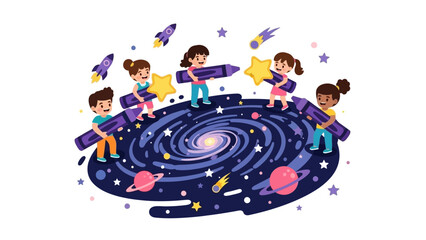 Diverse children exploring the universe together.