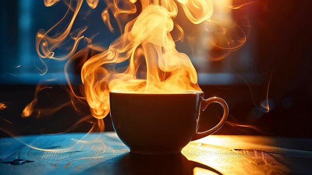 Burning coffee cup with rising fire flames and smoke in surreal energy drink concept. Steaming roasted coffee bean aroma visualization with magic fire effects on dark background for morning boost or c