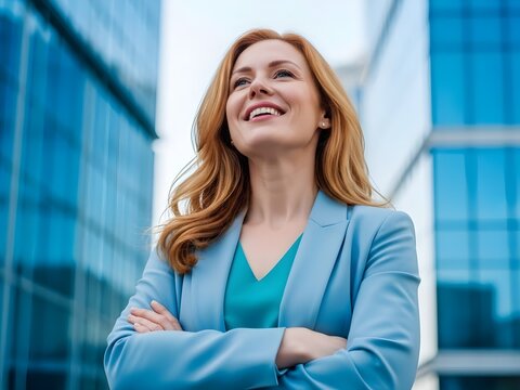 A bright, optimistic low-angle portrait captures a confident businesswoman in a light blue blazer, smiling and looking up against modern corporate glass buildings.