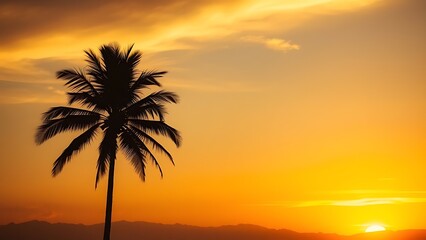 Lone palm tree standing against a vibrant sunset, embodying tropical tranquility and golden warmth.