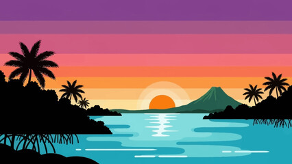 Tropical island landscape with vibrant sunset over calm waters.