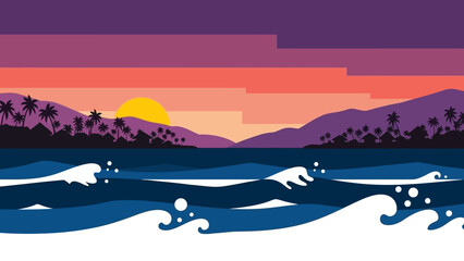 Serene ocean waves at sunset with silhouette of mountains and palm trees.