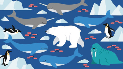 Arctic animals swimming in icy waters with melting glaciers and icebergs.
