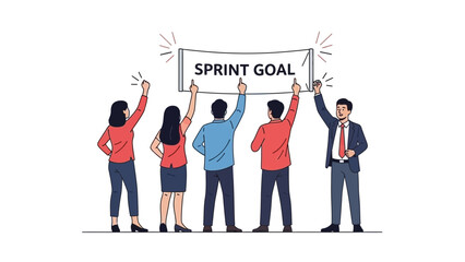Teamwork goal achievement, business success, holding banner sprint goal