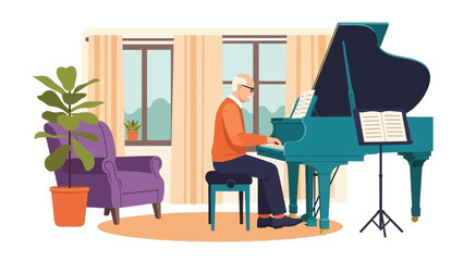 Elderly man playing grand piano in a cozy living room. © Abhinaya Project
