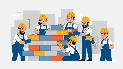 Diverse construction team building brick wall, teamwork and collaboration concept