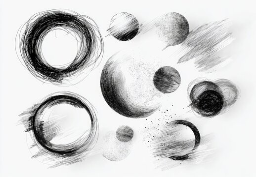 Black and white abstract pencil sketches of various circles and abstract shapes on white - Powered by Adobe