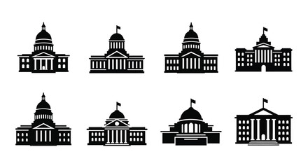 Collection of silhouette illustrations depicting various iconic government buildings and capitol structures © Asikder02