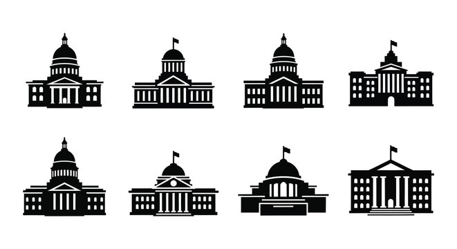 Collection of silhouette illustrations depicting various iconic government buildings and capitol structures