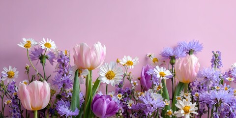 Array of colorful flowers in various shades of pink and purple, set against a pink backdrop