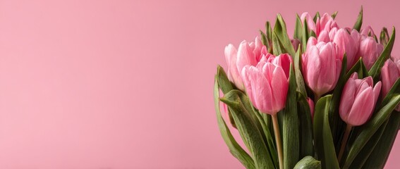 A vibrant bouquet of pink tulips stands against a matching background