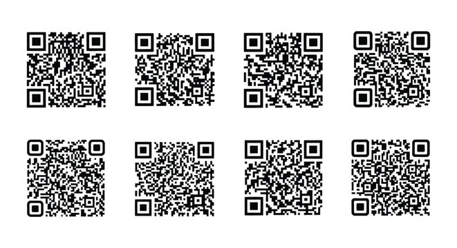Arrangement of eight black and white square quick response codes on a plain white background