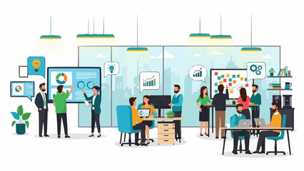 Business team collaborating in a modern office environment with charts and graphs.